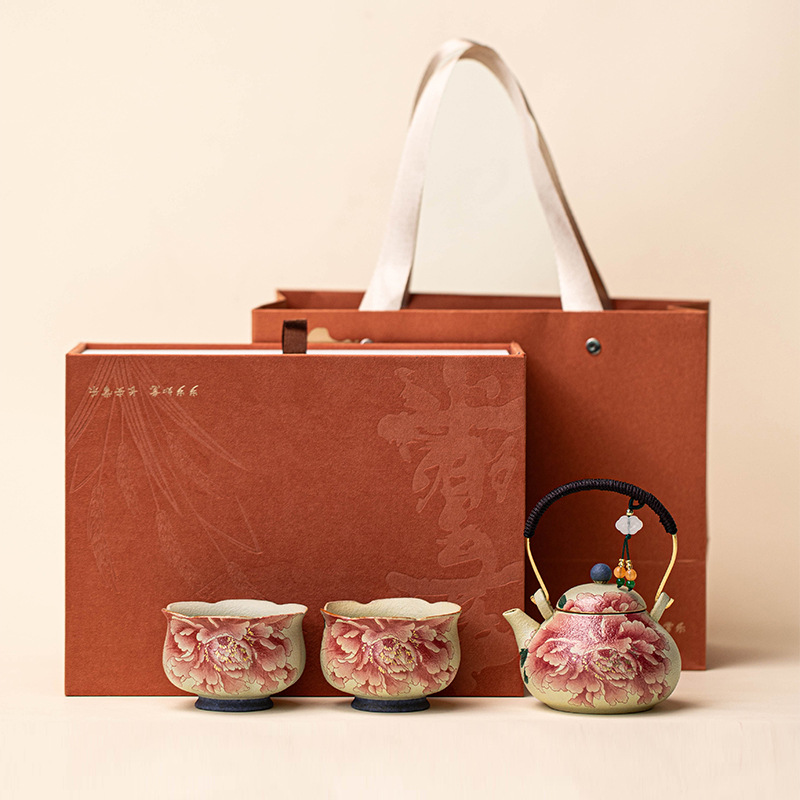 Korean Tea Set - Blaue, weiße und rote Keramik-Teekanne mit